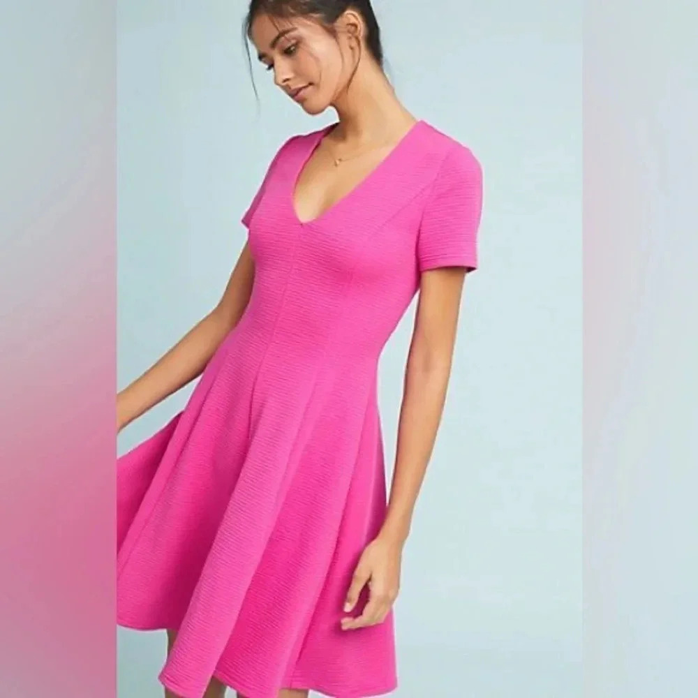 Anthropologie Hutch Vivid Barbie Pink Vicki V-Neck Fit & Flare Dress Size Small